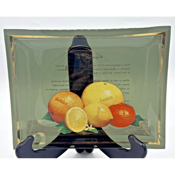 Vintage SUNKIST Smoke Glass & Gold World Saga Of Success Orange/Lemon Dish 9”x7” - Picture 2 of 10